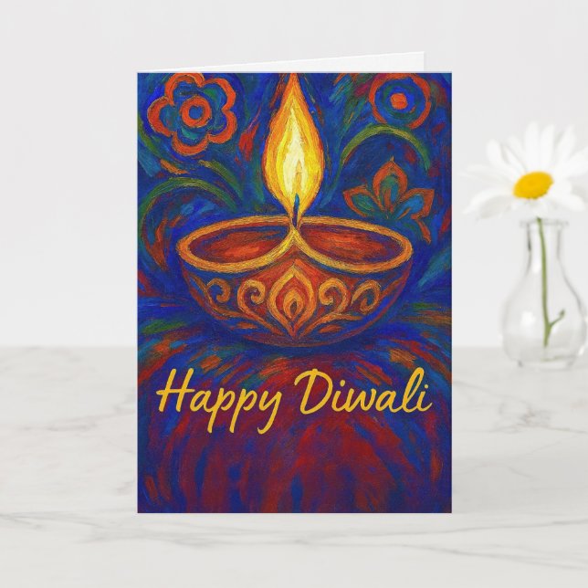 Vibrant Painted Diya Happy Diwali Greeting Card (Small Plant)
