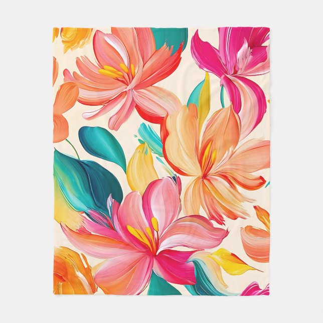 Vibrant Painted Floral Pattern Fleece Blanket (Front)
