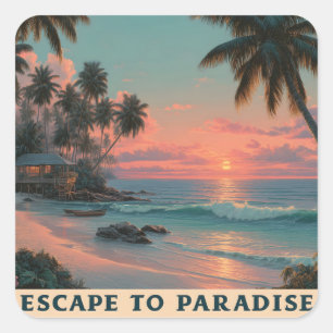 Vibrant Painterly Tropical Beach Sunset Square Sticker