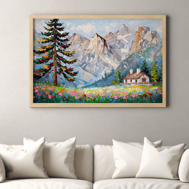 Vibrant Painting Mountain Wildflower Cabin Art Poster (Creator Uploaded)
