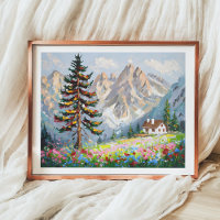 Vibrant Painting Mountain Wildflower Cabin Art
