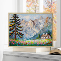 Vibrant Painting Mountain Wildflower Cabin Art