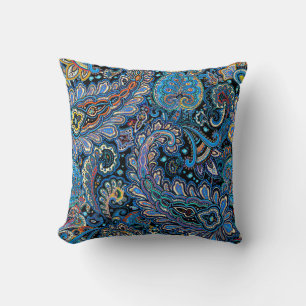 Vibrant Paisley Pattern in Blue on Black Cushion