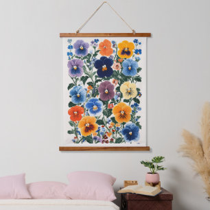 Vibrant Pansy Floral Illustration Hanging Tapestry