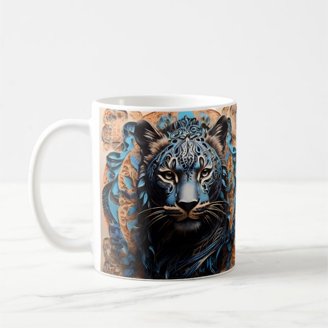 Vibrant Panther portrait with Floral Motifs Coffee Mug (Left)
