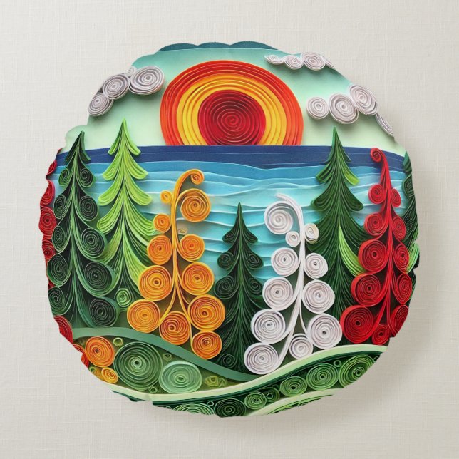 Vibrant Paper Quilling Art Displaying Colourful Fo Round Cushion (Front)
