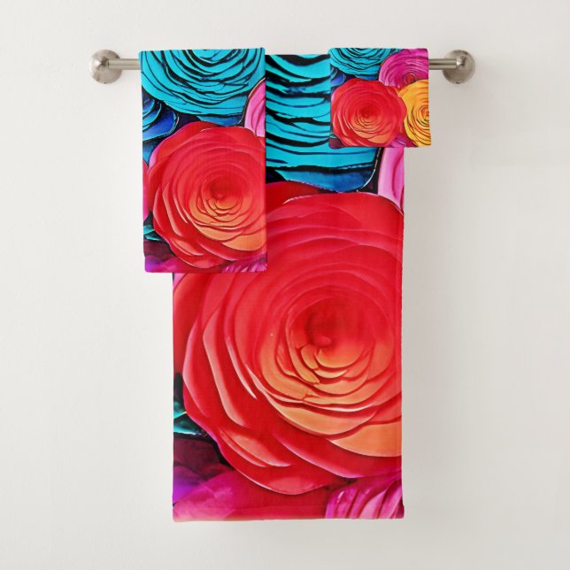 Vibrant Paper Roses Bath Towel Set (Insitu)