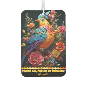 Vibrant parrot amidst colourful floral arrangement car air freshener