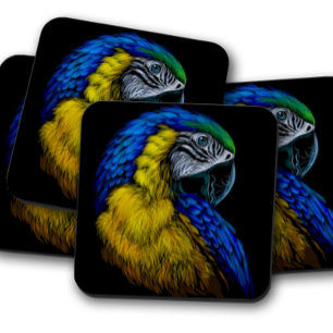 Vibrant Parrot Coaster Set   Blue Parrot Portrait