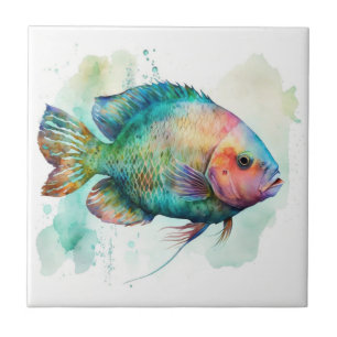 Vibrant Parrot Fish Watercolor Ceramic Tile