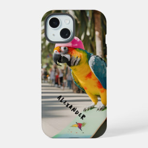 Vibrant Parrot on Skateboard iPhone 15 Case