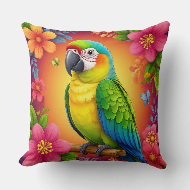 Vibrant Parrot Perched On A Branch Cushion (Front)