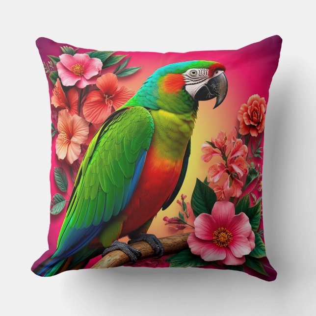 Vibrant Parrot Perched On A Branch Cushion (Front)
