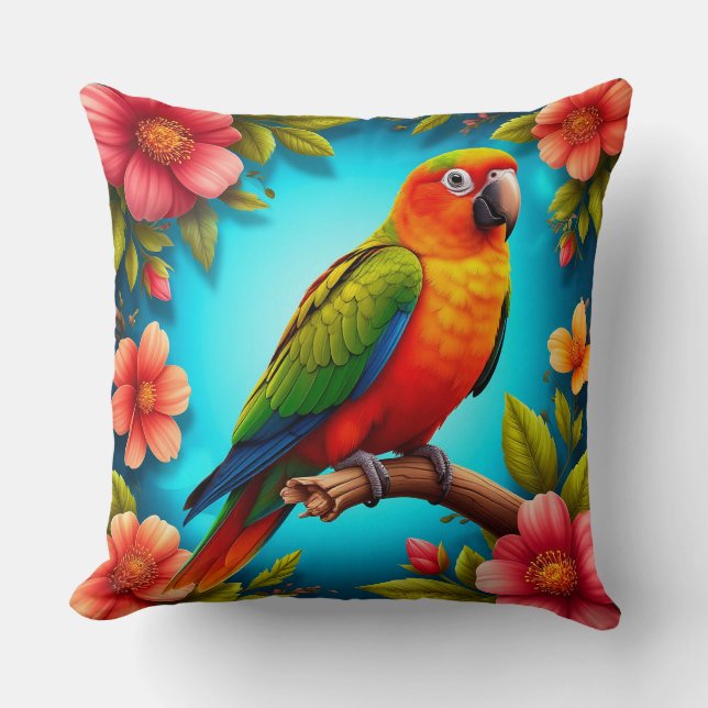Vibrant Parrot Perched On A Branch Cushion (Front)