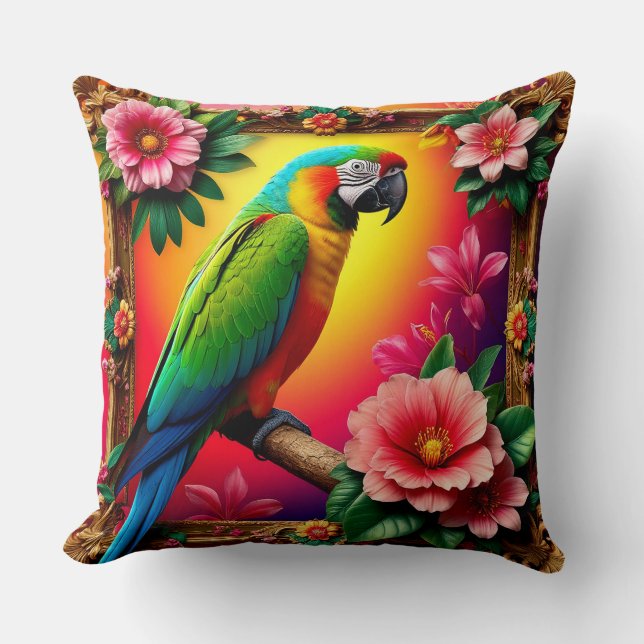 Vibrant Parrot Perched On A Branch Cushion (Front)