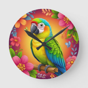 Vibrant Parrot Perched On A Branch Round Clock