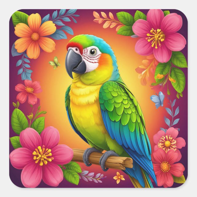 Vibrant Parrot Perched On A Branch Square Sticker (Front)