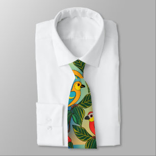 Vibrant Parrots Perched Among Leaves Tie