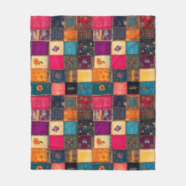 Vibrant Patchwork Quilt with Classic Florals Fleece Blanket (Front)