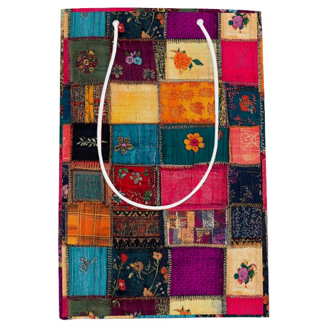 Vibrant Patchwork Quilt with Classic Florals Medium Gift Bag (Front)