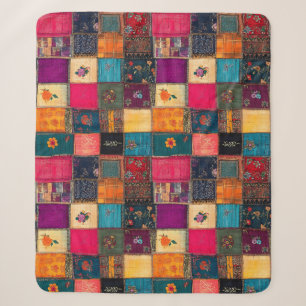 Vibrant Patchwork Quilt with Classic Florals Sherpa Blanket