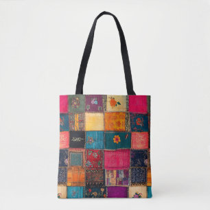 Vibrant Patchwork Quilt with Classic Florals Tote Bag