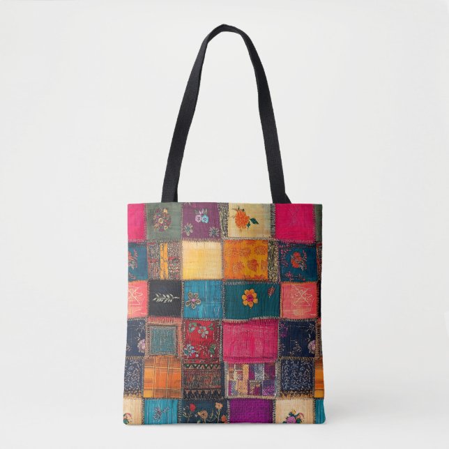 Vibrant Patchwork Quilt with Classic Florals Tote Bag (Front)