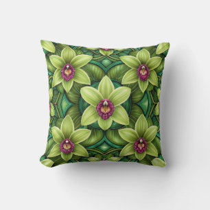 Vibrant pattern of green leaves and flowers cushion