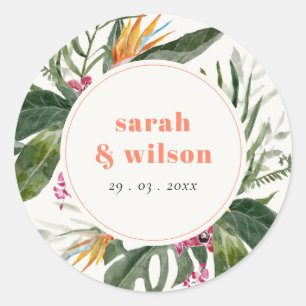 Vibrant Peach Blush Boho Tropical Floral Wedding Classic Round Sticker
