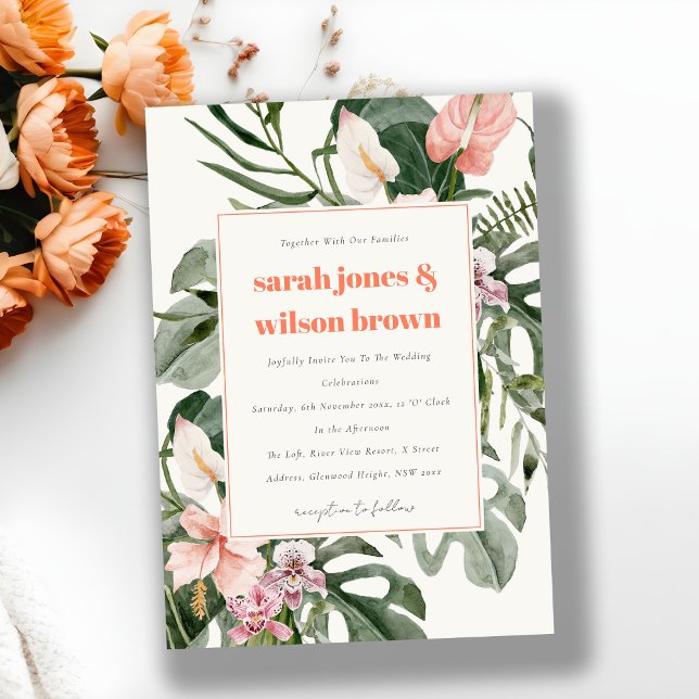 Vibrant Peach Blush Boho Tropical Floral Wedding Invitation (Creator Uploaded)