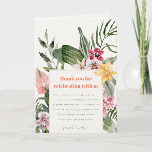 Vibrant Peach Blush Boho Tropical Floral Wedding Thank You Card (Front)