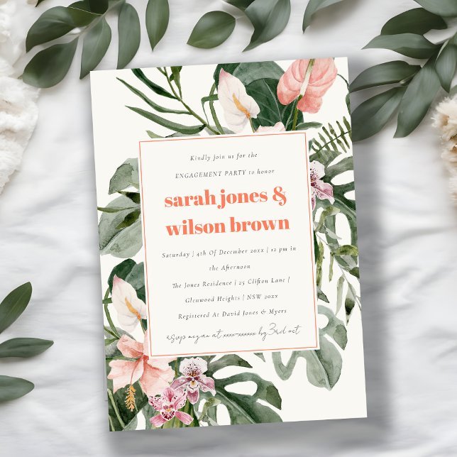 Vibrant Peach Blush Tropical Floral Engagement Invitation (Creator Uploaded)