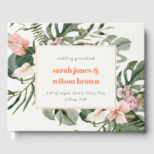 Vibrant Peach Blush Tropical Floral Wedding Guest Book