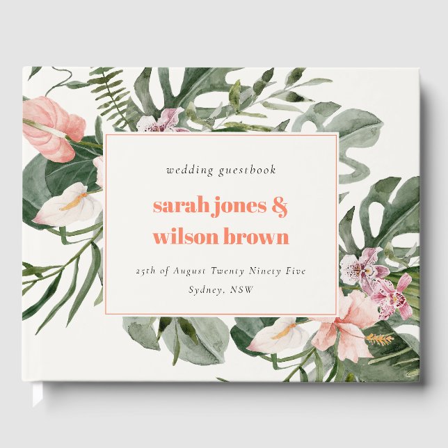 Vibrant Peach Blush Tropical Floral Wedding Guest Book (Front)