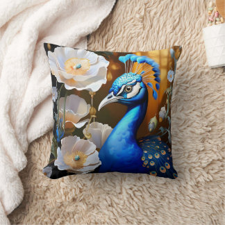 Vibrant Peacock Among White Flowers at Sunset Cushion