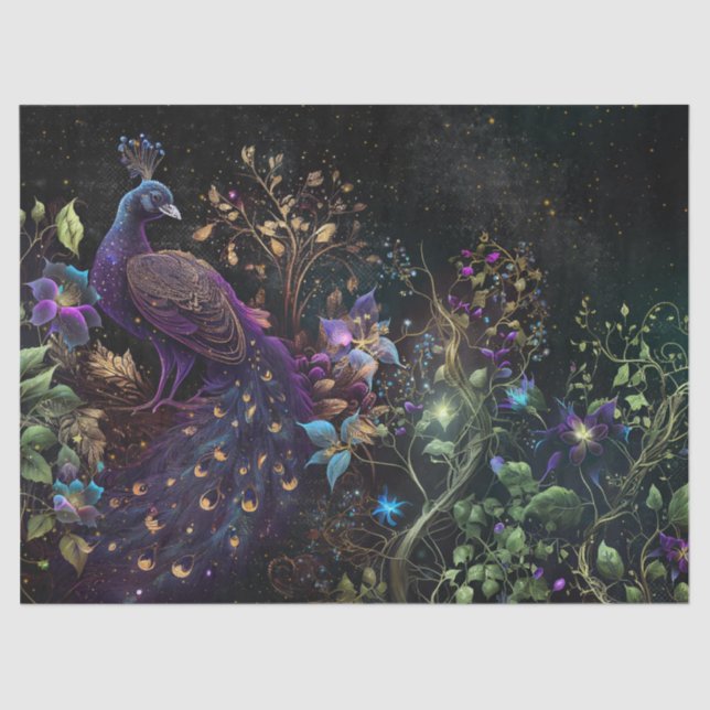 Vibrant Peacock and Floral Decoupage Tissue Paper (Front)
