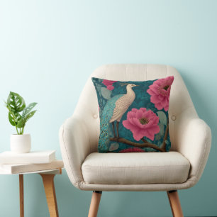 Vibrant Peacock and Pink Floral Pattern Cushion