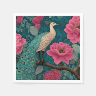 Vibrant Peacock and Pink Floral Pattern Napkin
