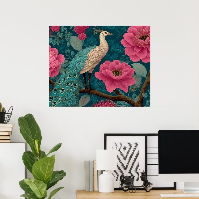 Vibrant Peacock and Pink Floral Pattern Poster (Home Office)