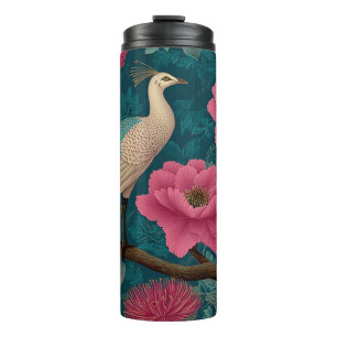 Vibrant Peacock and Pink Floral Pattern Thermal Tumbler