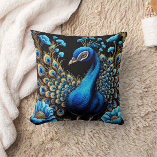 Vibrant Peacock Displaying Feathers Among Flowers Cushion
