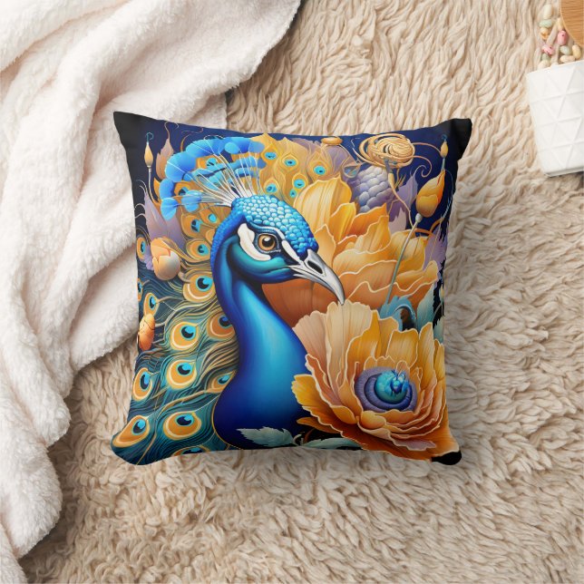 Vibrant Peacock Displaying Feathers Among Flowers Cushion (Blanket)