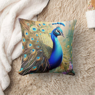 Vibrant Peacock Displaying Its Feathered Plumage Cushion