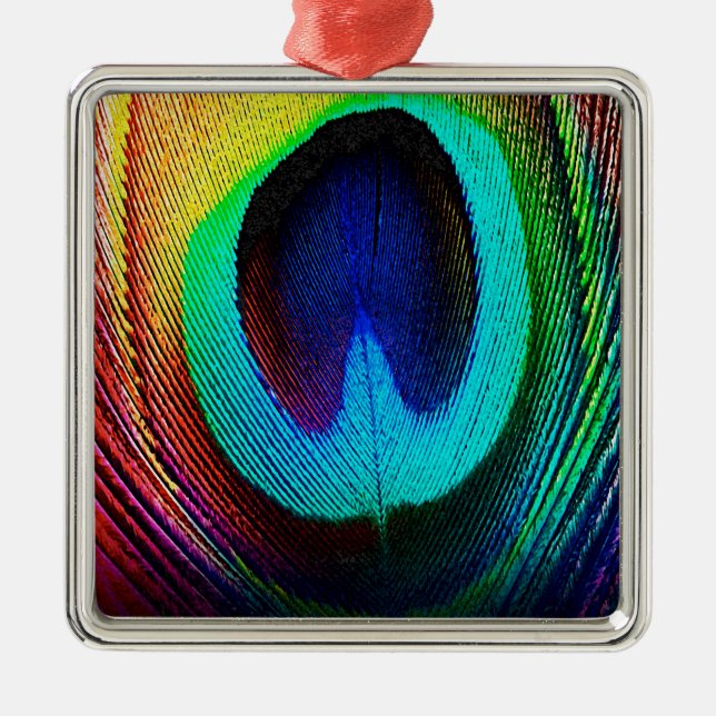 Vibrant Peacock Feather Metal Tree Decoration (Front)