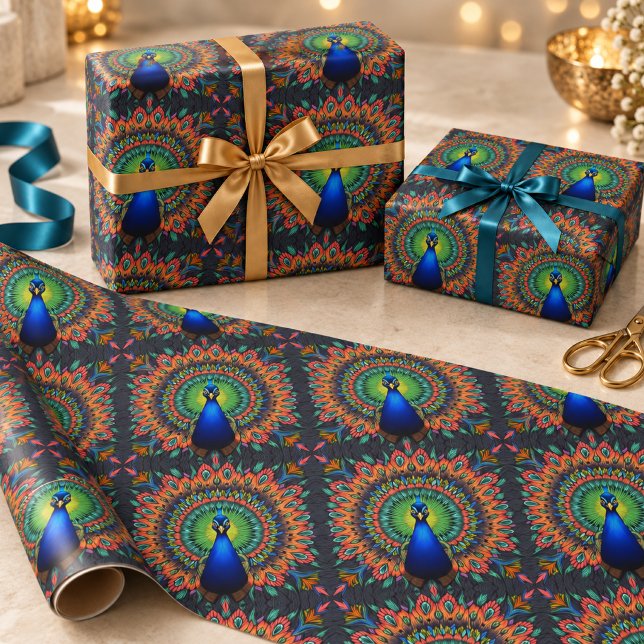 Vibrant Peacock Feather Pattern Kaleidoscope Wrapping Paper (Creator Uploaded)