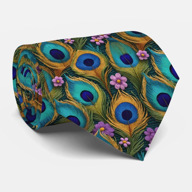 Vibrant Peacock Feathers And Tiny Purple Flowers Tie (Rolled)