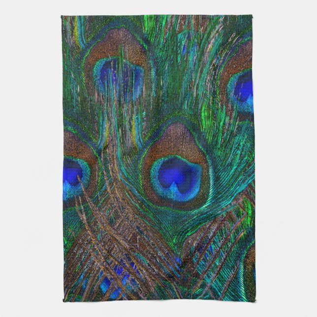 Vibrant Peacock Feathers Etching Style Decor Tea Towel (Vertical)