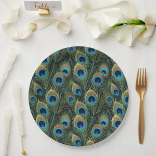 Vibrant Peacock Feathers Paper Plate