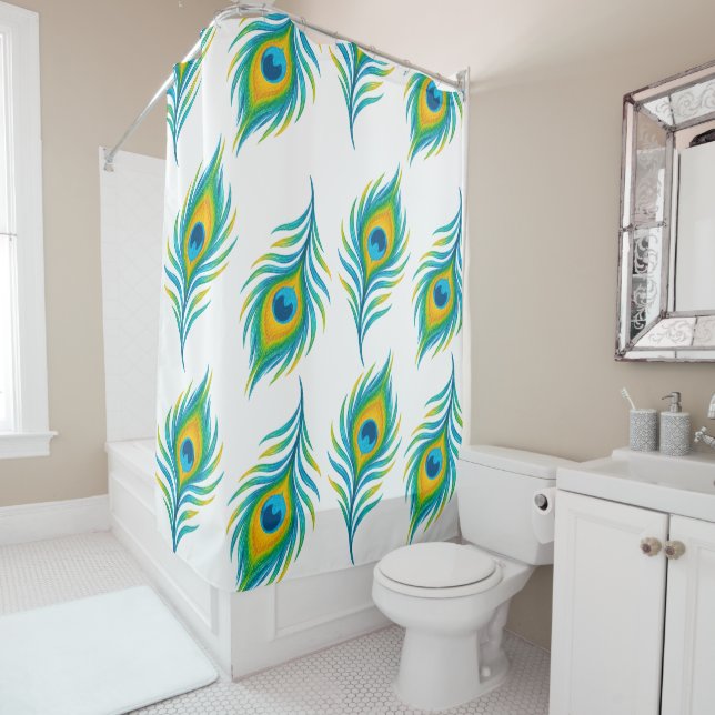 Vibrant Peacock Feathers Pattern Bath Decor Shower Curtain (In Situ)