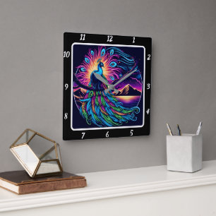 Vibrant Peacock Glow Square Wall Clock